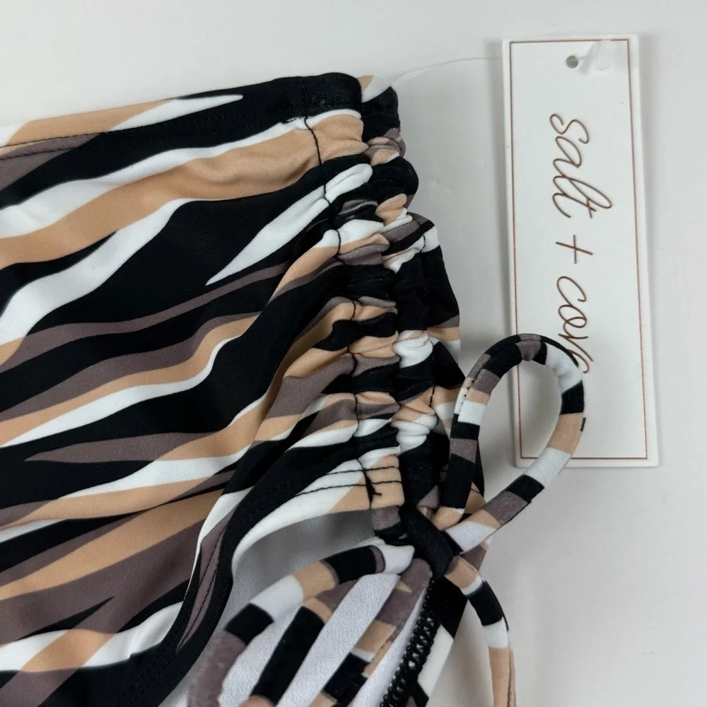 Salt + Cove Bikini Bottom Juniors Size XS Tan Black Tan Wavy Stripe Side Tie NWT
